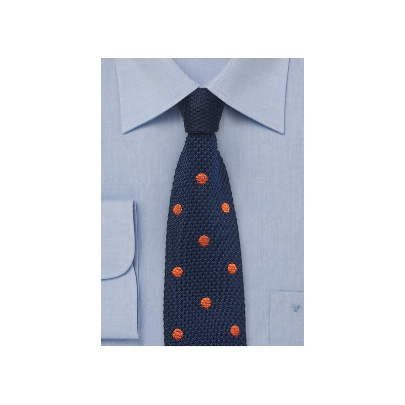 Navy Knit Tie with Tangerine Polka Dots