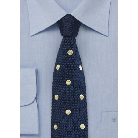 Navy Knit Tie with Yellow Dots
