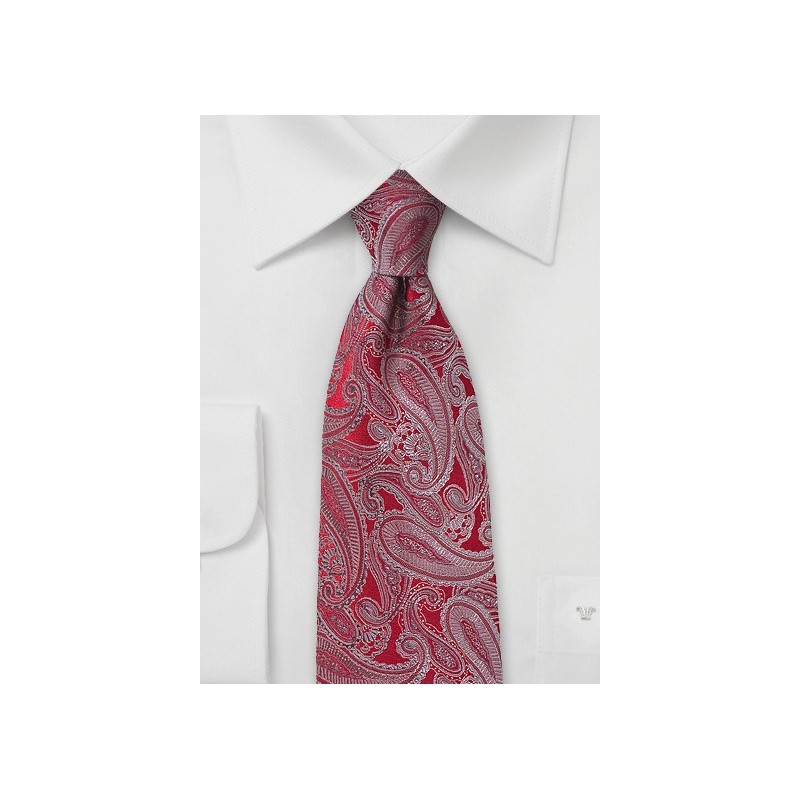 Red Silk Tie with Platinum Silver Paisleys - Ties-Necktie.com