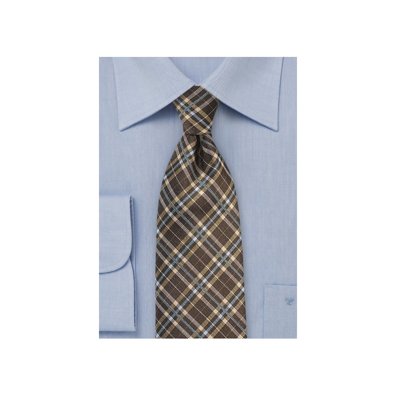 Brown Tartan Tie with Gold and Light Blue