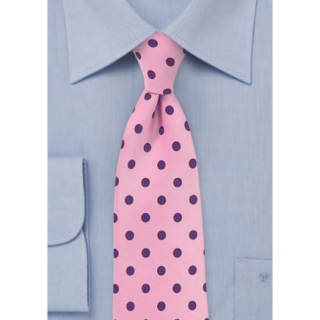 Pink Necktie with Grape Purple Polka Dots