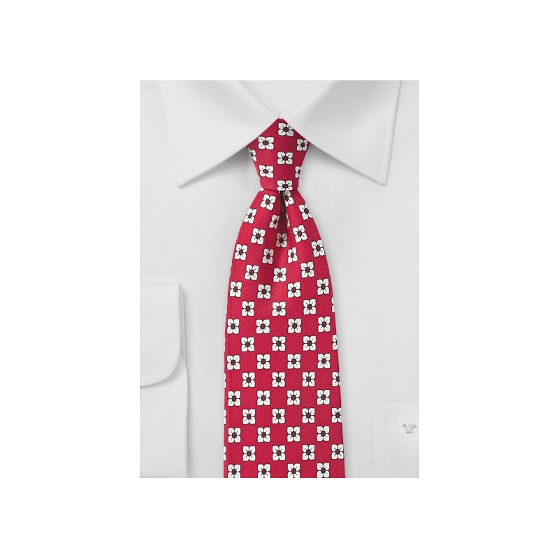 Bright Red and White Floral Silk Tie