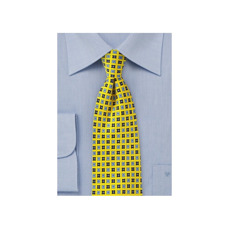 Bright Yellow Floral Tie with Blue Accents