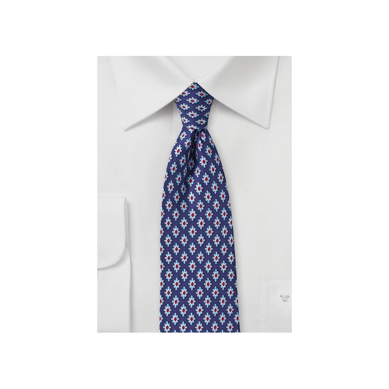 Retro Pattern Silk Tie in Navy, Red, and Light Blue