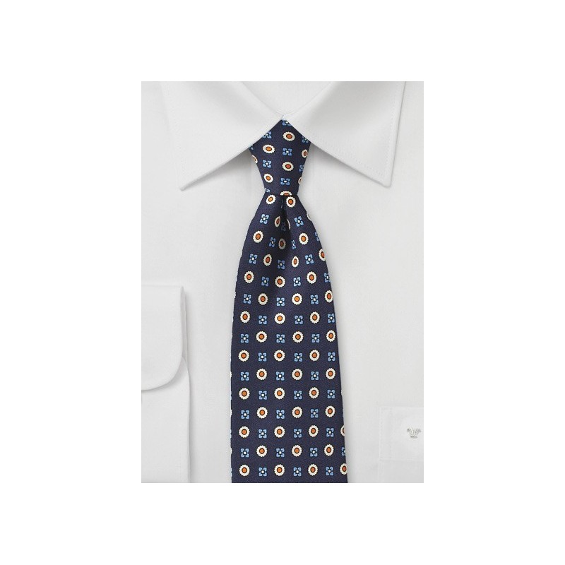 Elegant Foulard Print Tie in Blue, Orange, and Beige