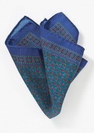 Teal and Blue Paisley Pocket Square in Wool