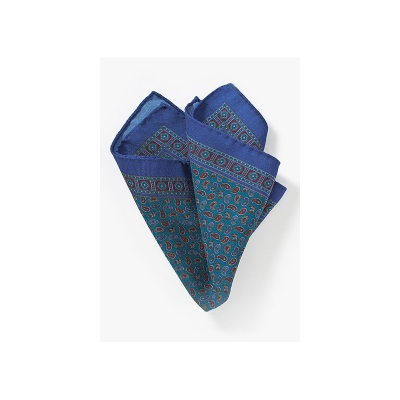 Teal and Blue Paisley Pocket Square in Wool