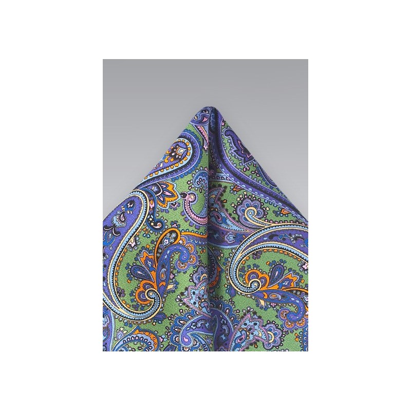 Wild Paisley Pocket Square in Green and Purple