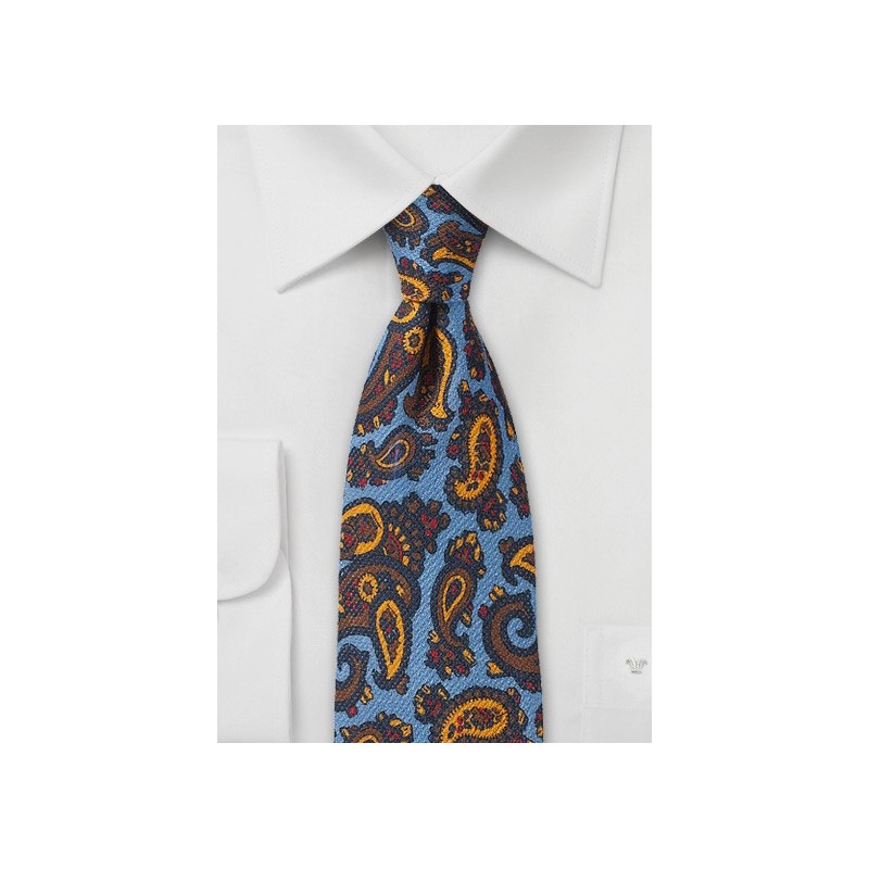 French Blue Paisley Tie in Printed Wool