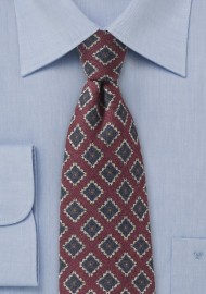 Burgundy Medallion Print Tie in Wool