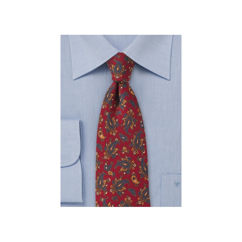 Designer Wool Paisley Tie in Red and Blue