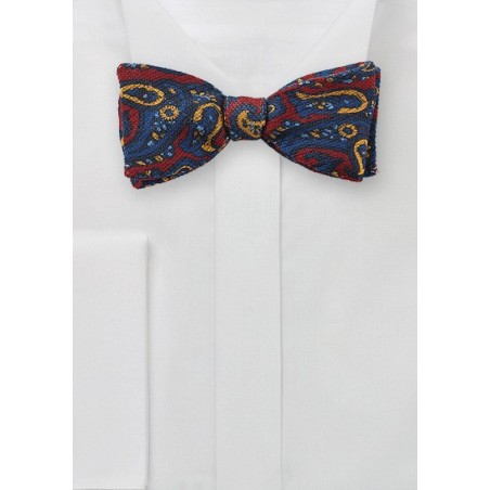 Wool Paisley Print Bow Tie in Red and Blue