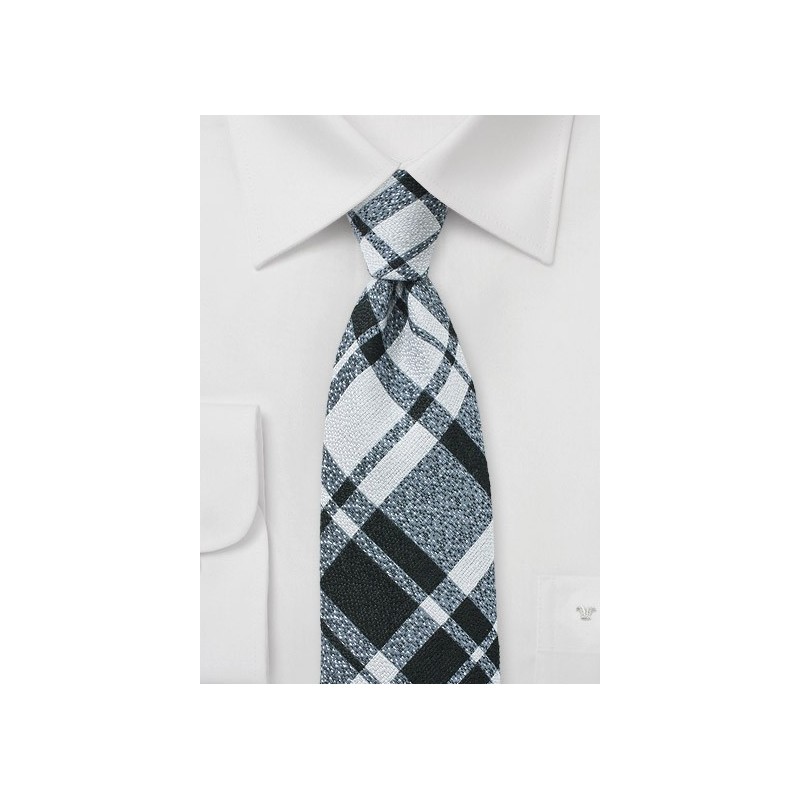 Wool Plaid Tie in Silver, Black, and Gray