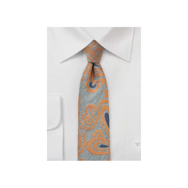 Gray and Orange Wool Skinny Paisley Tie - Ties-Necktie.com
