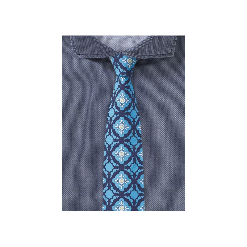 Tile Design Skinny Tie in Blue and Aqua