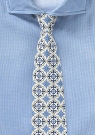 Spanish Tile Design Mens Tie in White, Gold, and Blue