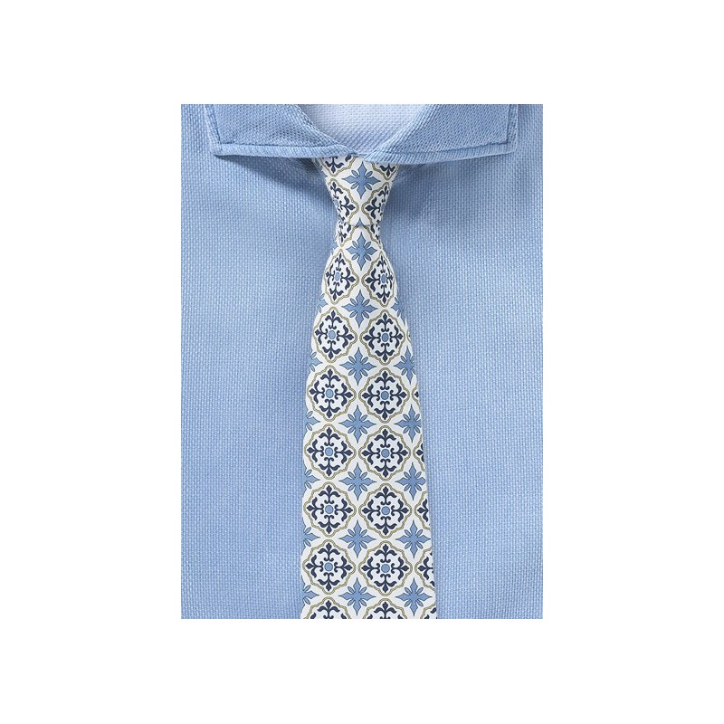 Spanish Tile Design Mens Tie in White, Gold, and Blue