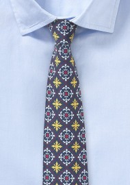 Navy, Yellow, and Red Tile Design Cotton Tie