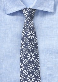 Blue and White Geometric Floral Cotton Tie