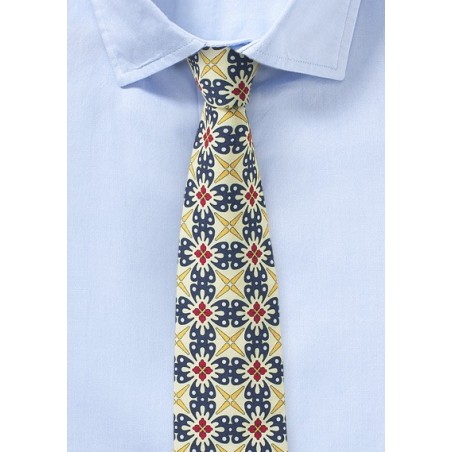 Geometric Design Cotton Tie in Pale Yellow and Navy