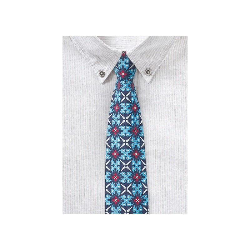 Bold Cotton Print Tie in Blue, Aqua, and Red