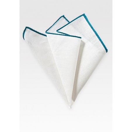 White Linen Hanky with Teal Border