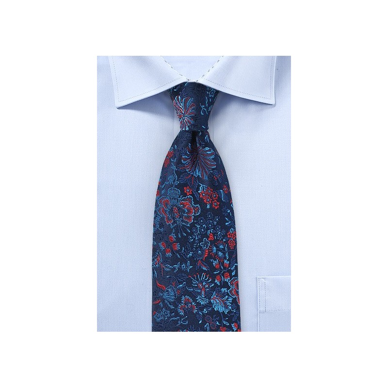 Luxe Floral Silk Tie in Rich Blues and Red