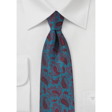 Teal Blue and Cherry Red Paisley Tie