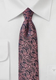 Navy Skinny Tie with Pink Paisley