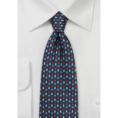 Holiday Tie with Trees, Presents, and Snowflakes in Navy