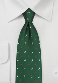 Dark Green Tie with Reindeer Print in Red and Cream