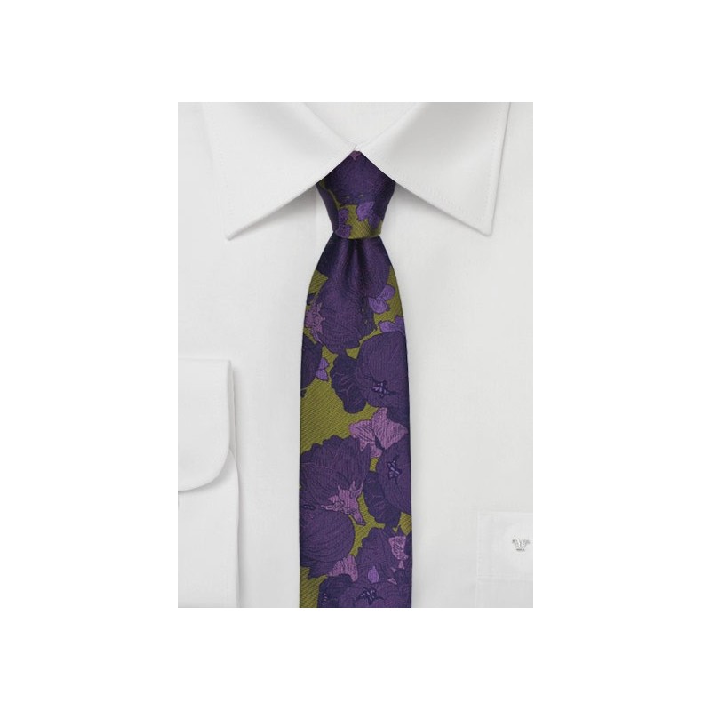 Skinny Floral Tie in Chartreuse Green and Purple