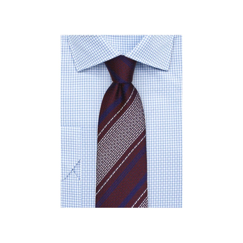 Burgundy Tie with Retro Stripes in Navy and Silver