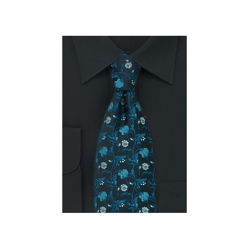 Black Tie with exotic Teal Floral Pattern