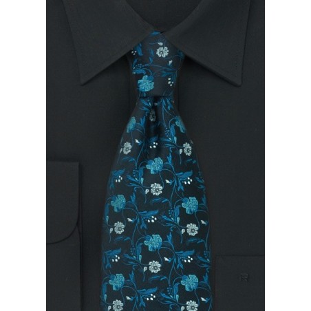 Black Tie with exotic Teal Floral Pattern