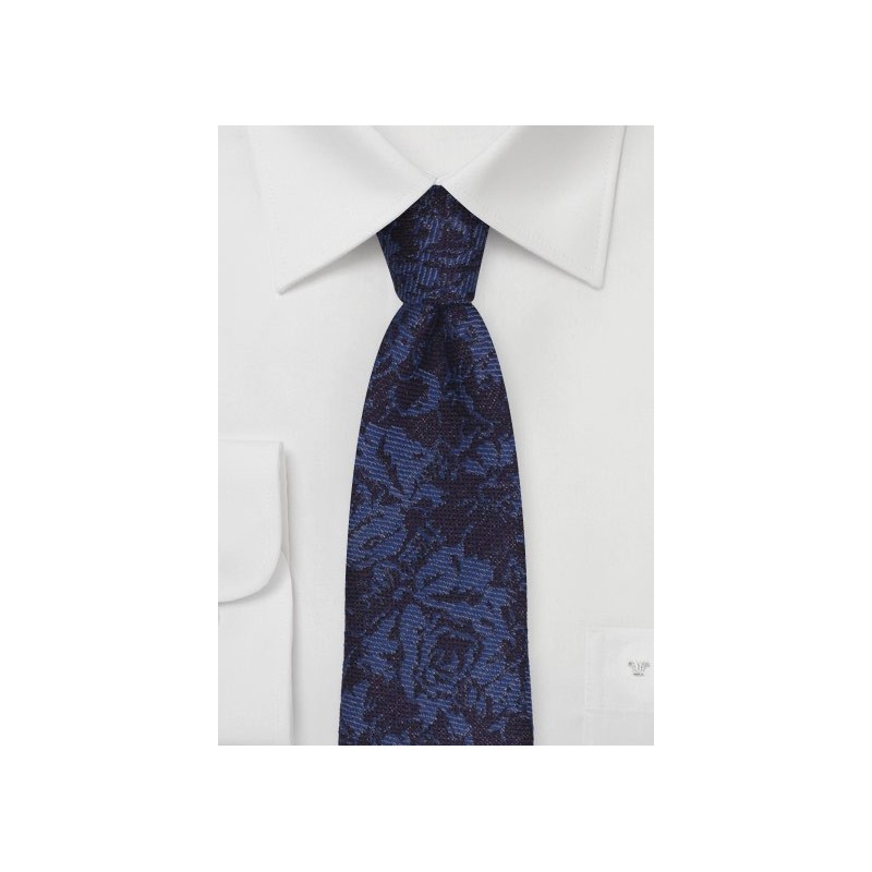 Floral Skinny Wool Tie in Navy