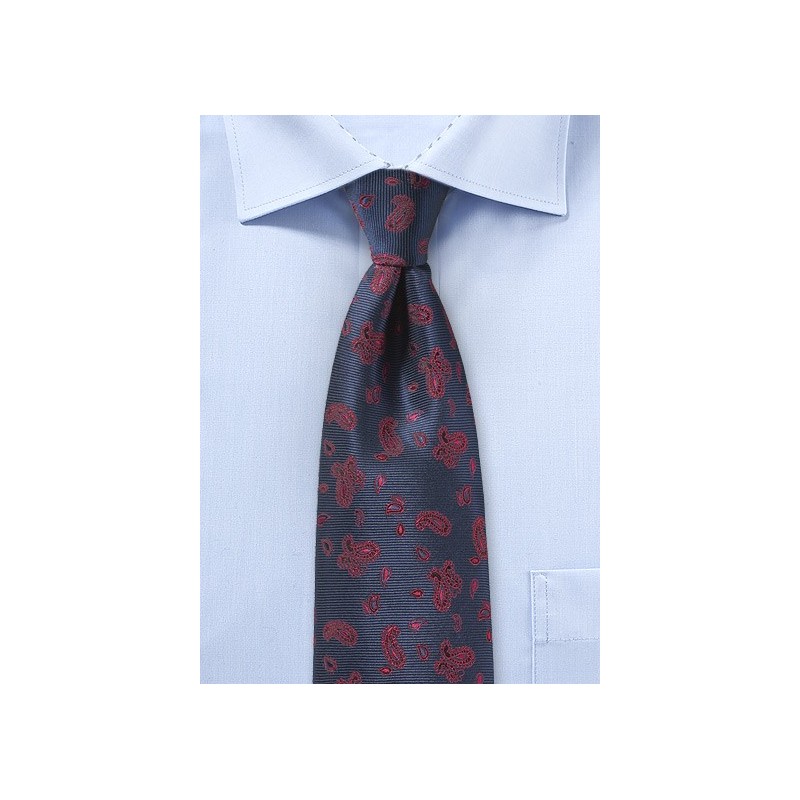 Navy Kids Tie with Red Paisley Design