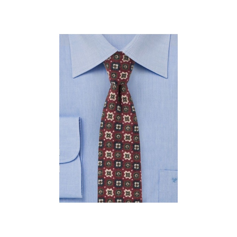 Burgundy Flannel Tie with Retro Print