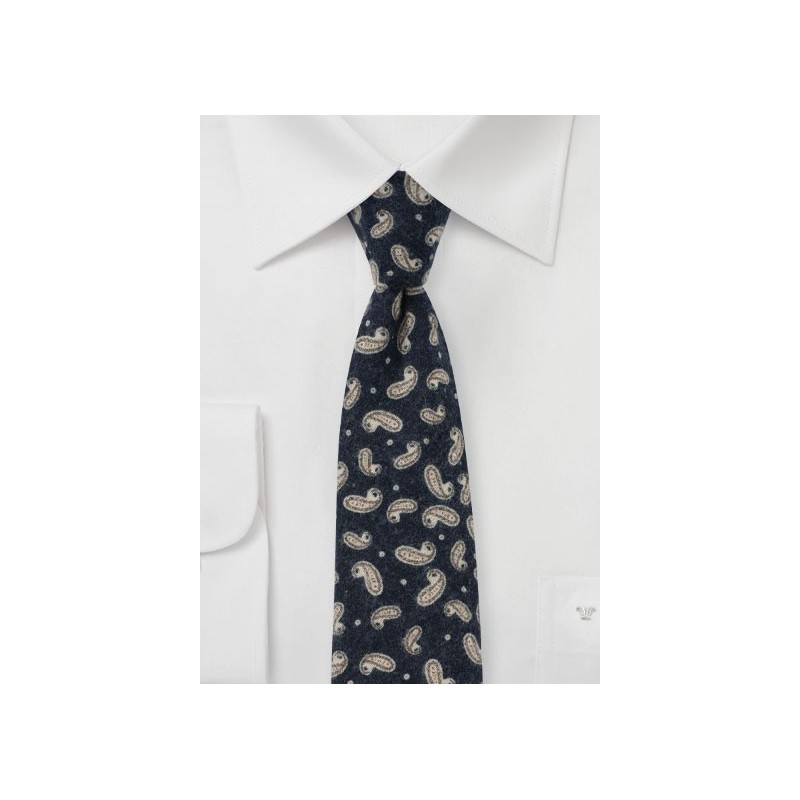 Flannel Cotton Print Tie in Navy with Paisley Design