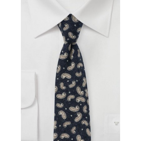 Flannel Cotton Print Tie in Navy with Paisley Design