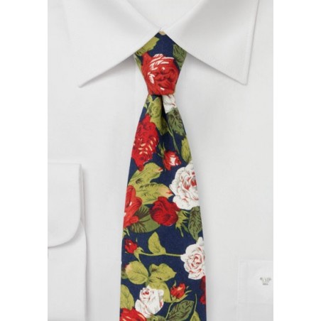 Rose Pattern Tie in Navy, Red, White, and Green