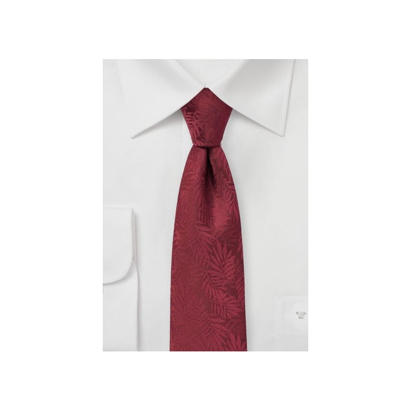Wine Red Skinny Tie with Tropical Leaves