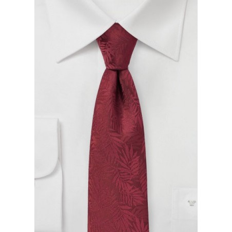 Wine Red Skinny Tie with Tropical Leaves