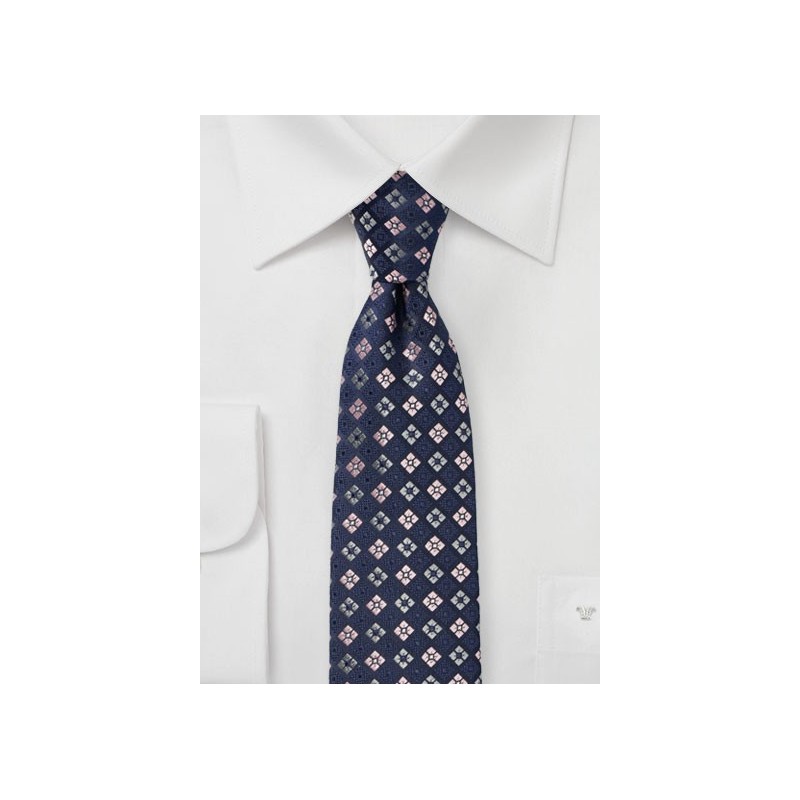 Checkered Flora Tie in Navy and Pink