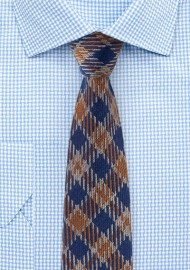 Vintage Plaid Wool Tie in Brown and Navy