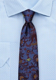 Delicate Floral Silk Tie in Blue, Burgundy, and Gold