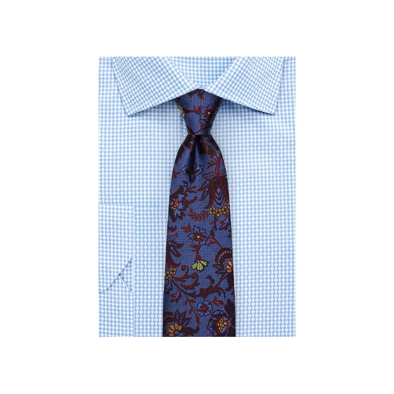 Delicate Floral Silk Tie in Blue, Burgundy, and Gold