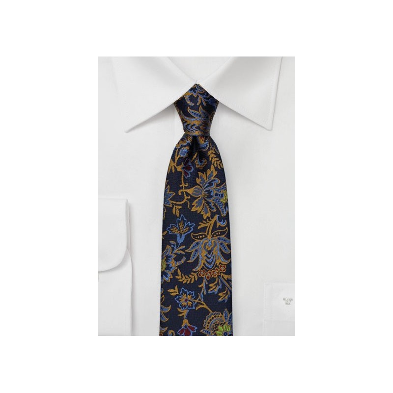 Dark Navy Silk Skinny Tie with Woven Florals in Gold