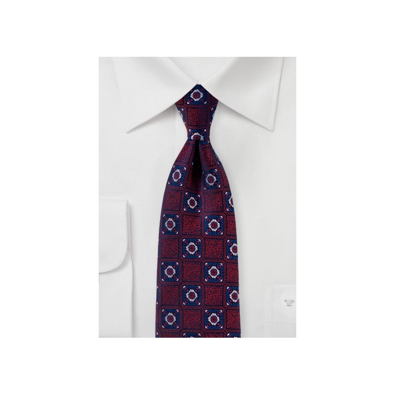 Dark Cherry Red and Navy Medallion Weave Tie