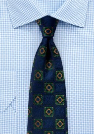 Bold Medallions in Orange and Green on Navy